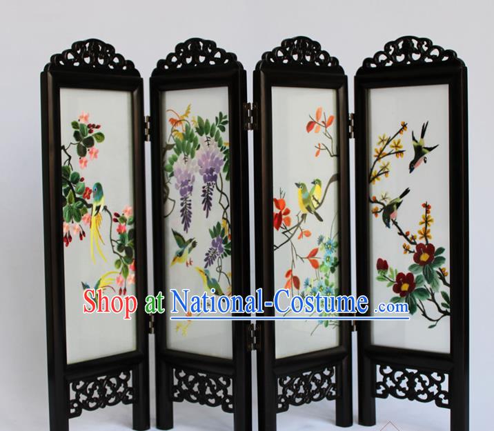 Chinese Home Ornaments Handmade Flowers Birds Folding Screen Craft Suzhou Double Sides Embroidery Screen