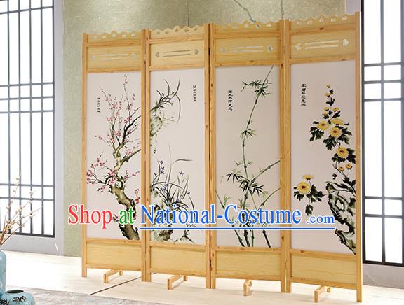 Chinese Handmade Flowers Birds Folding Screen Ink Painting Screens Home Ornaments Wood Carving Craft