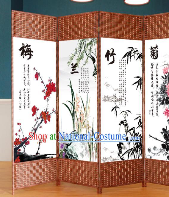 Chinese Ancient Home Ornaments Straw Plaited Articles Handmade Folding Screen Ink Painting Flowers Birds Screens