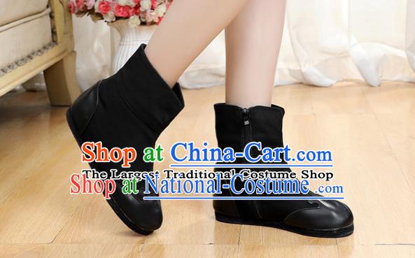 Chinese Traditional Winter Boots Ancient Swordsman Shoes Handmade Black Boots with Wool Inside