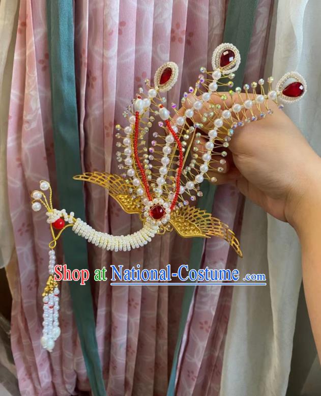 China Traditional Tang Dynasty Court Woman hair accessories Ancient Imperial Concubine Red Pheonix Crown Set