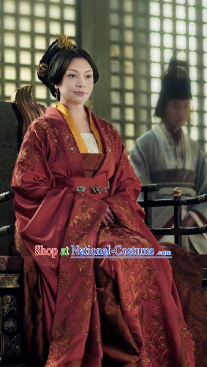 China Ancient Royal Queen Wine Red Dress Garment The Rebel Princess Replica Costumes Southern and Northern Dynasties Empress Clothing and Headwear