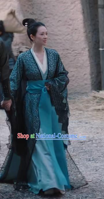 China Southern and Northern Dynasties Clothing Ancient Court Woman Blue Dress Garment The Rebel Princess Zhang Ziyi Wang Xuan Replica Costumes and Headpieces