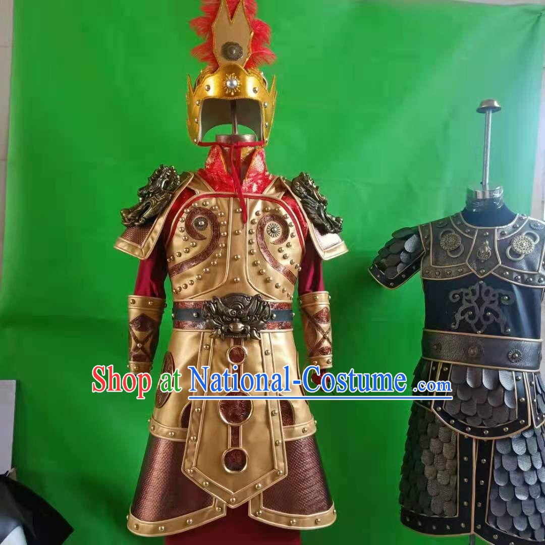 Chinese Traditional Han Dynasty Warrior Armor and Helmet Set Ancient General Garment Costumes