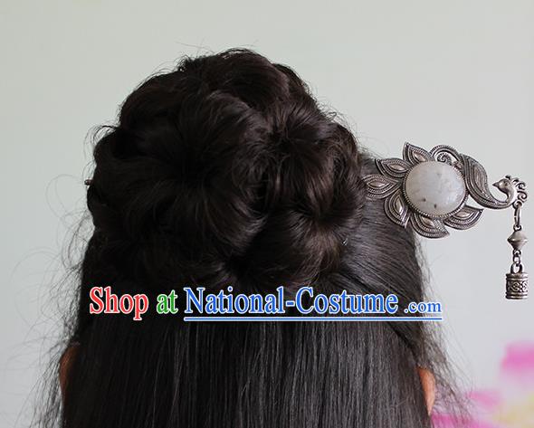 China Handmade Ethnic Hair accessories Silver Peacock Hairpin Ancient Princess Jade Hair Stick