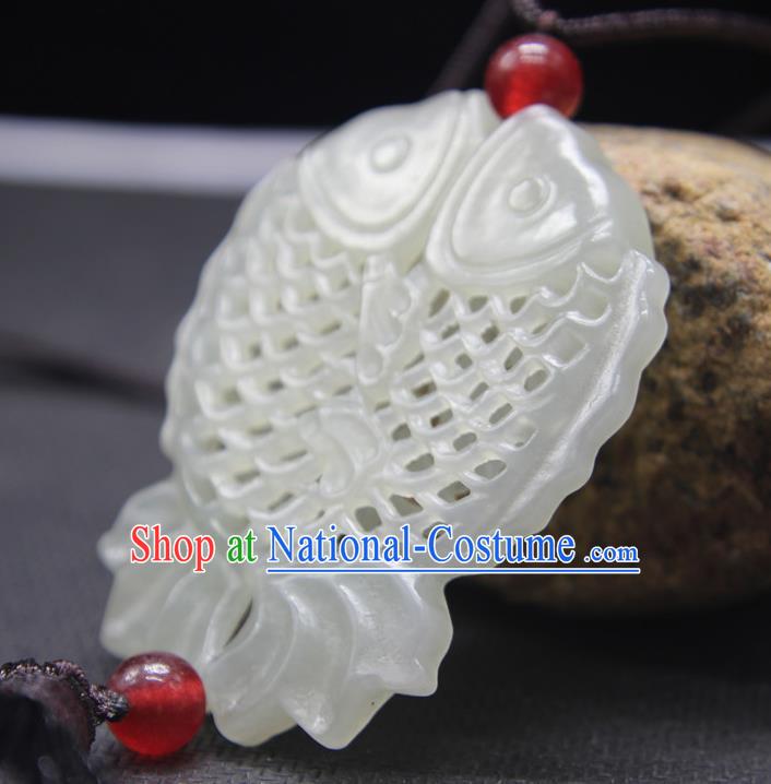 China National Hetian Jade Sachet Classical Cheongsam Jewelry Accessories Handmade Carving Double Fishes Pendant