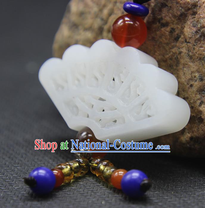 China Classical Jewelry Accessories Handmade Carving Fan Pendant National Hetian Jade Sachet