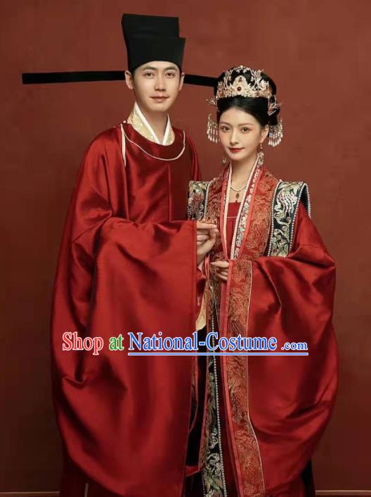 China Ancient Wedding Clothing Traditional Song Dynasty Bride and Groom Garment Costumes and Headdress Complete Set