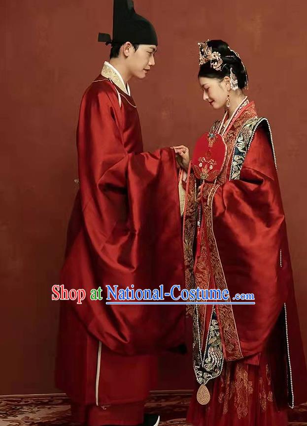 China Ancient Wedding Clothing Traditional Song Dynasty Bride and Groom Garment Costumes and Headdress Complete Set