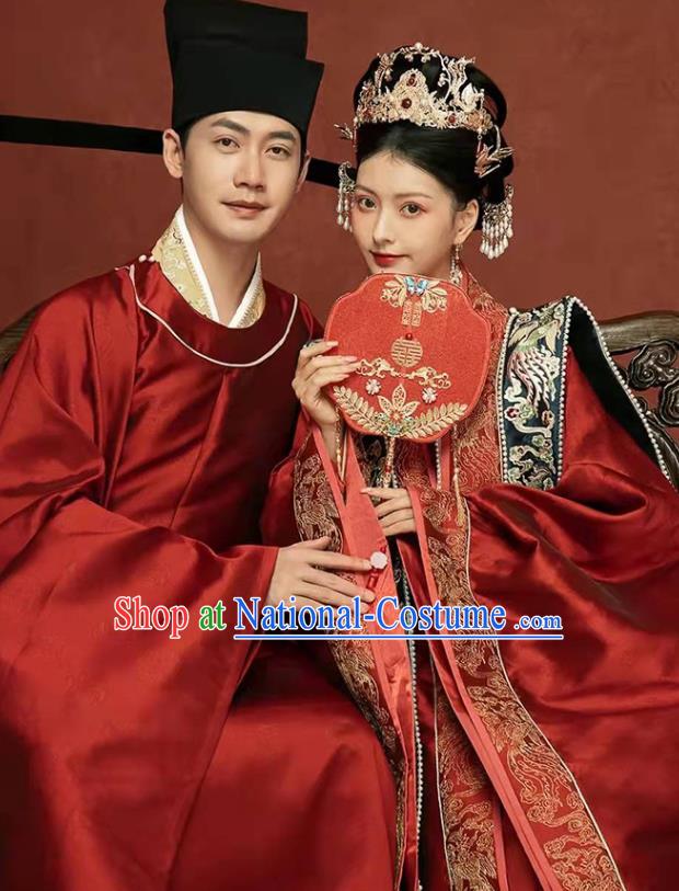 China Ancient Wedding Clothing Traditional Song Dynasty Bride and Groom Garment Costumes and Headdress Complete Set