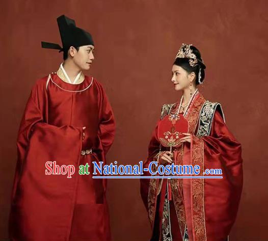 China Ancient Wedding Clothing Traditional Song Dynasty Bride and Groom Garment Costumes and Headdress Complete Set