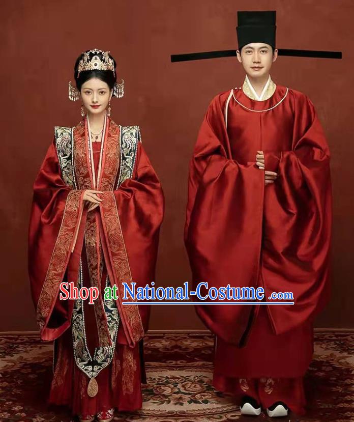 China Ancient Wedding Clothing Traditional Song Dynasty Bride and Groom Garment Costumes and Headdress Complete Set