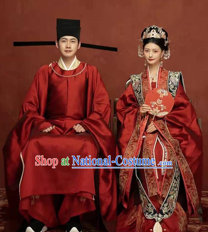 China Ancient Wedding Clothing Traditional Song Dynasty Bride and Groom Garment Costumes and Headdress Complete Set