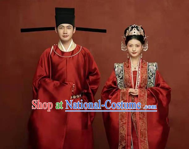 China Ancient Wedding Clothing Traditional Song Dynasty Bride and Groom Garment Costumes and Headdress Complete Set