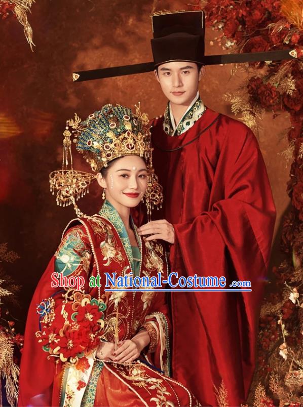 China Traditional Song Dynasty Wedding Garment Costumes Ancient Empress and Emperor Clothing and Headdress