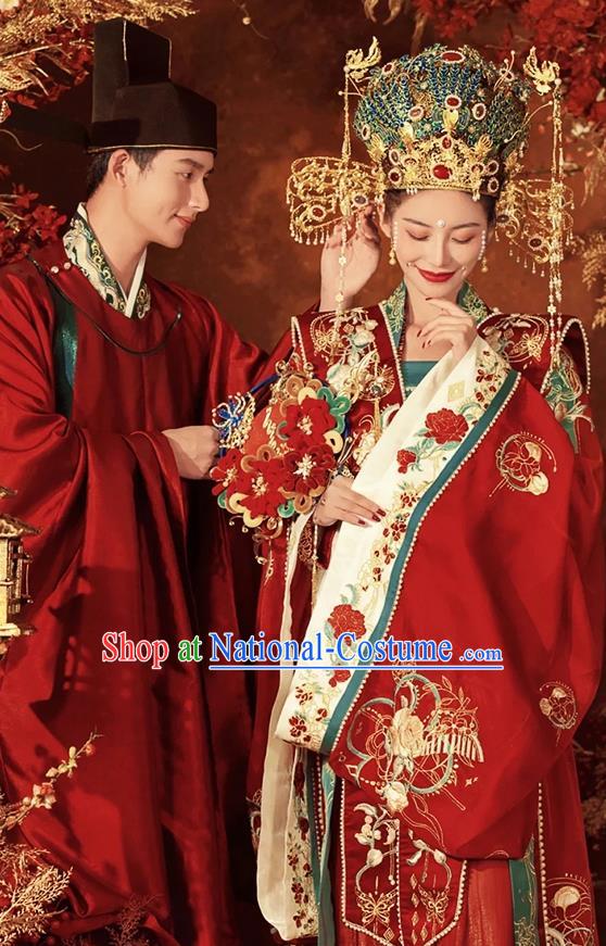 China Traditional Song Dynasty Wedding Garment Costumes Ancient Empress and Emperor Clothing and Headdress