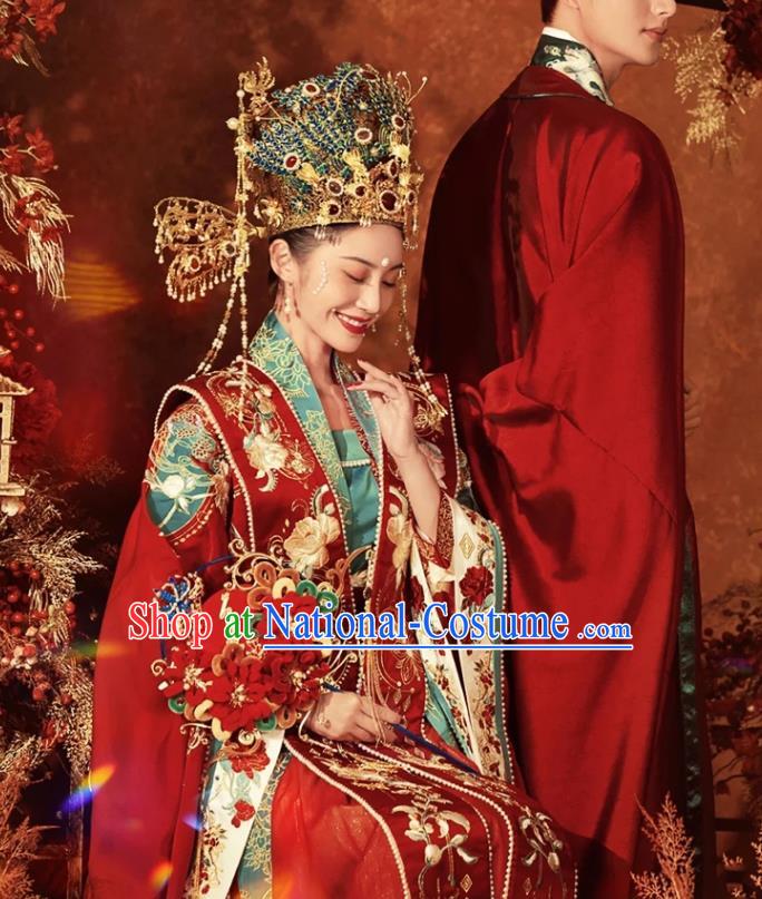 China Traditional Song Dynasty Wedding Garment Costumes Ancient Empress and Emperor Clothing and Headdress