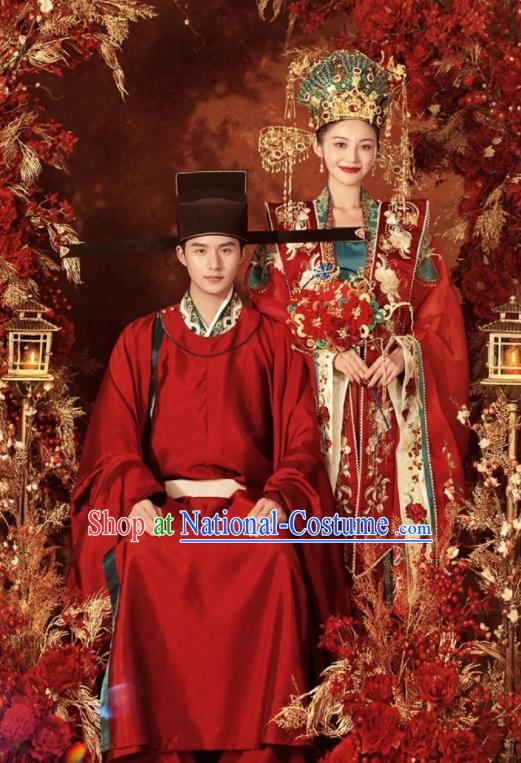 China Traditional Song Dynasty Wedding Garment Costumes Ancient Empress and Emperor Clothing and Headdress