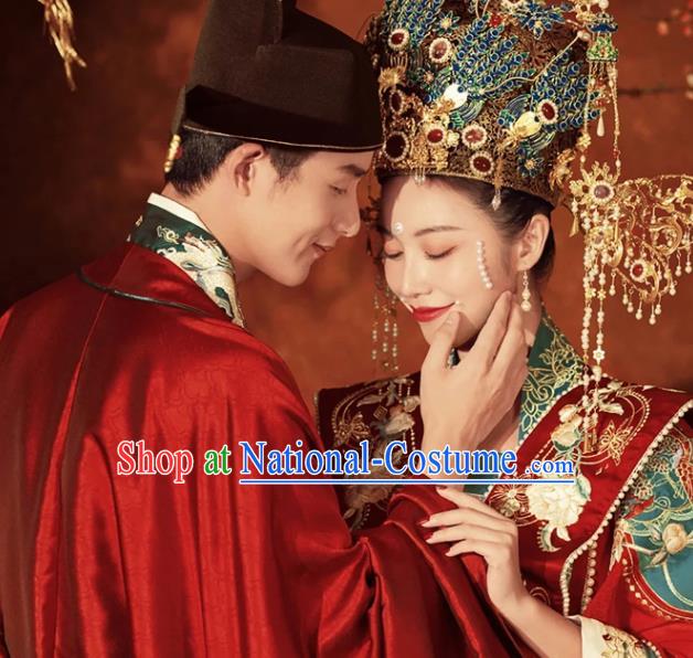 China Traditional Song Dynasty Wedding Garment Costumes Ancient Empress and Emperor Clothing and Headdress