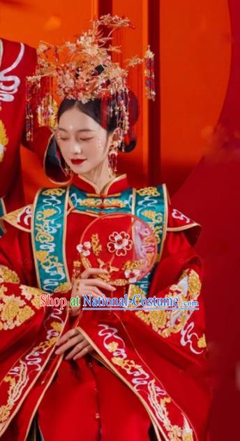 China Traditional Song Dynasty Bride Garment Costumes Ancient Empress Xia Pei Wedding Clothing and Phoenix Coronet