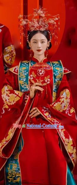 China Traditional Song Dynasty Bride Garment Costumes Ancient Empress Xia Pei Wedding Clothing and Phoenix Coronet