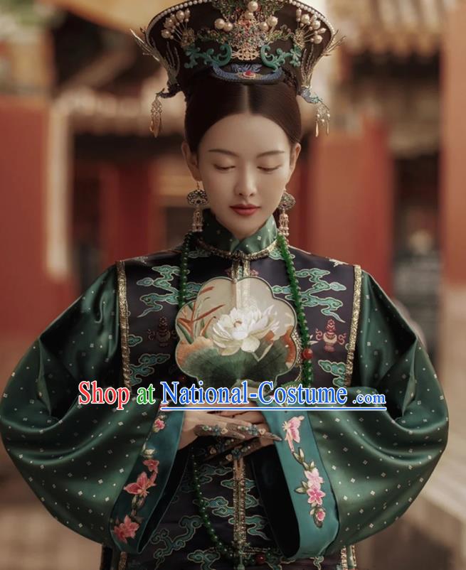 China Ancient Palace Empress Dark Green Dress Clothing Traditional Qing Dynasty Noble Women Garment Costumes and Headgear Complete Set