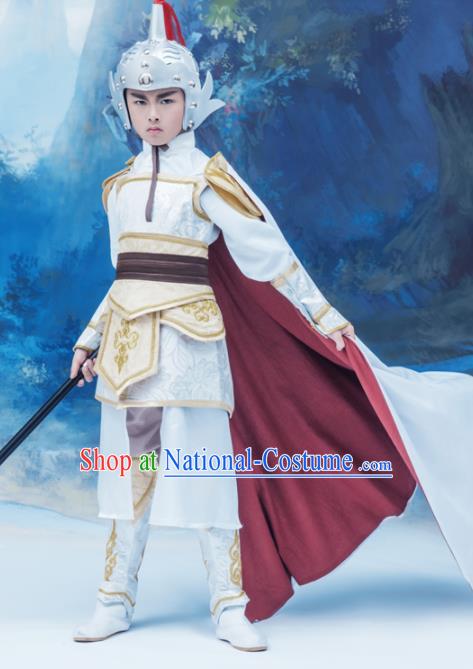 Chinese Ancient General Garment Costumes Children Clothing Three Kingdoms Period Armor and Hat Complete Set