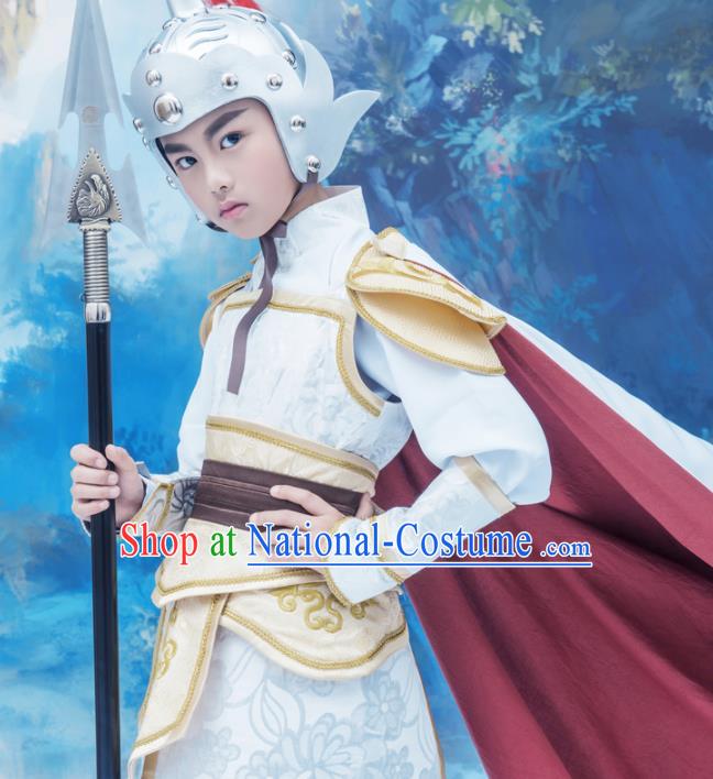 Chinese Ancient General Garment Costumes Children Clothing Three Kingdoms Period Armor and Hat Complete Set