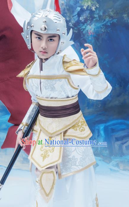 Chinese Ancient General Garment Costumes Children Clothing Three Kingdoms Period Armor and Hat Complete Set