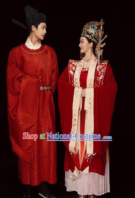 Chinese Traditional Wedding Clothing Song Dynasty Hanfu Dress Suits Ancient Bride and Groom Garment Costumes and Headdress