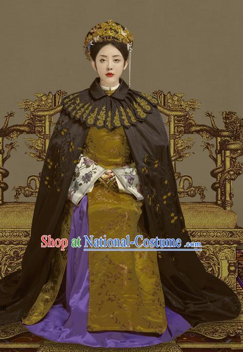 Chinese Traditional Palace Woman Clothing Qing Dynasty Empress Dress Ancient Queen Garment Costumes and Headgear Complete Set