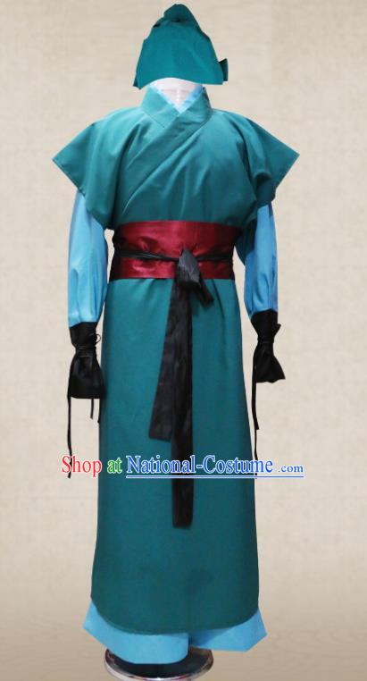 Chinese Ancient Swordsman Clothing Romance of the Three Kingdoms General Guan Yu Blue Costumes and Hat