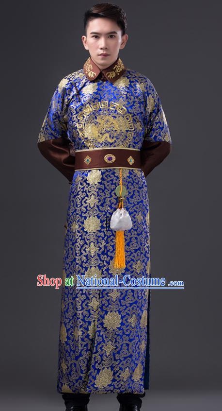 Chinese Ancient Royal Prince Clothing Qing Dynasty Royal Highness Blue Robe Costumes