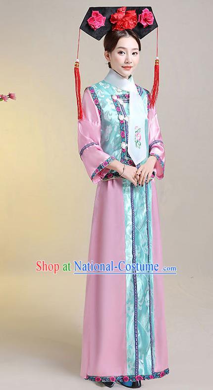 Chinese Qing Dynasty Manchu Princess Pink Dress Costumes Ancient Palace Lady Garment Clothing