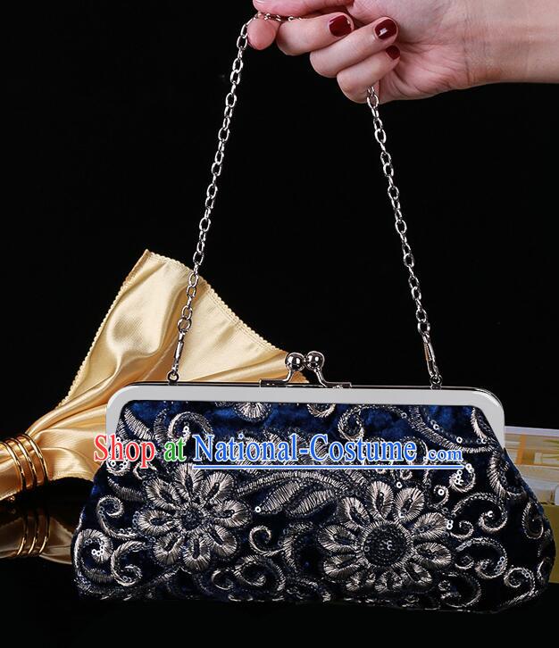 China Navy Blue Clutch Bag Handmade Embroidery Handbag National Cheongsam Evening Bag