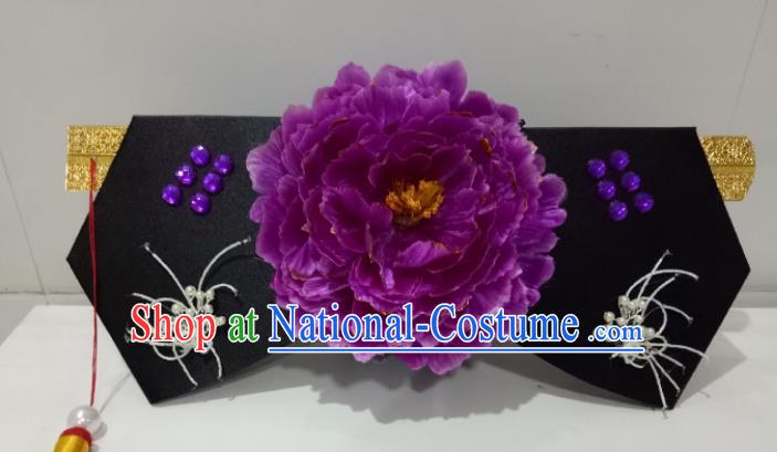 China Ancient Court Maid Hair Accessories Traditional Qing Dynasty Purple Peony Giant Wing Headdress TV Series Princess of Pearl Headpiece