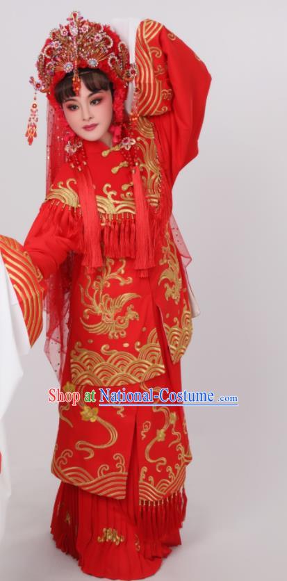 Chinese Ancient Bride Wedding Clothing Peking Opera Hua Tan Garment Costumes Traditional Shaoxing Opera Empress Red Dress and Headpieces