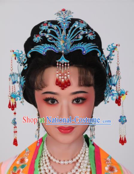 Chinese Huangmei Opera Blue Phoenix Hairpin Beijing Opera Hair Jewelry Traditional Opera Diva Headpiece