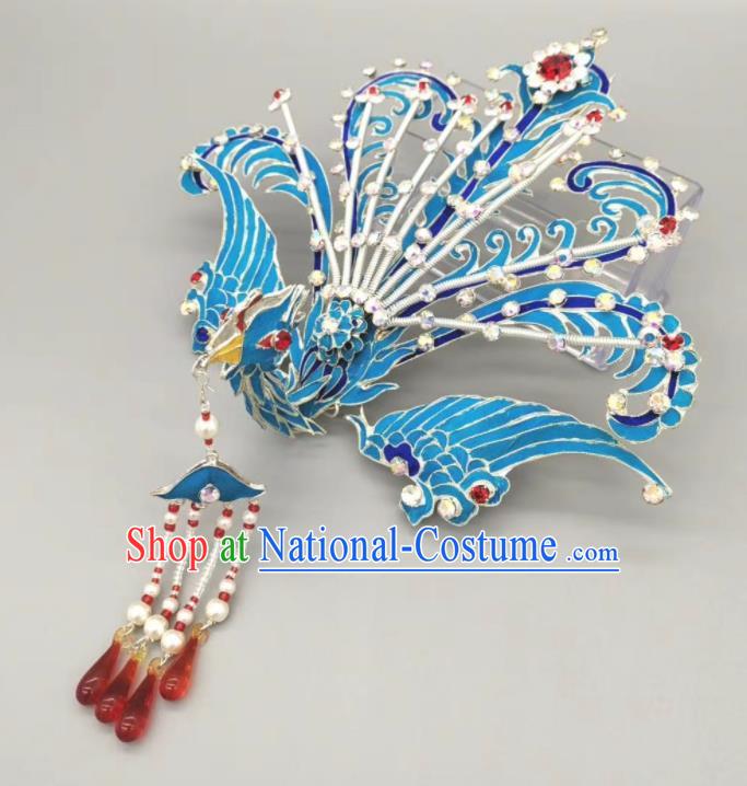 Chinese Traditional Opera Diva Headpiece Huangmei Opera Blue Phoenix Hairpin Beijing Opera Hair Jewelry