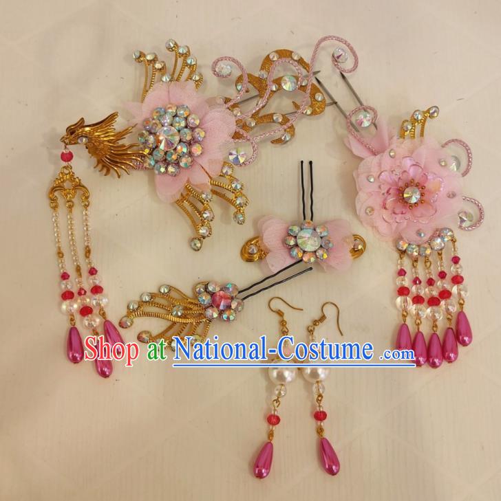 Chinese Traditional Opera Diva Pink Hair Accessories Shaoxing Opera Noble Lady Phoenix Hairpins Beijing Opera Hua Tan Headdress