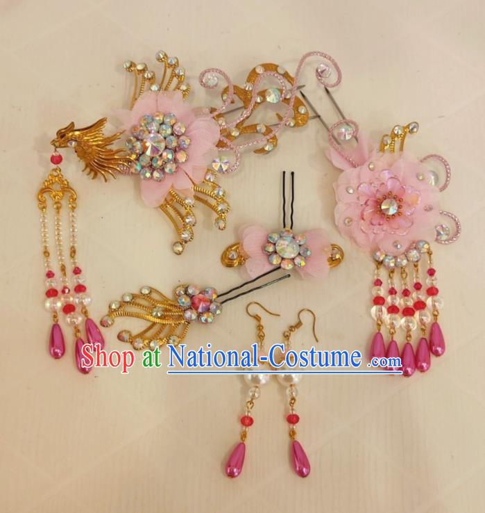 Chinese Traditional Opera Diva Pink Hair Accessories Shaoxing Opera Noble Lady Phoenix Hairpins Beijing Opera Hua Tan Headdress