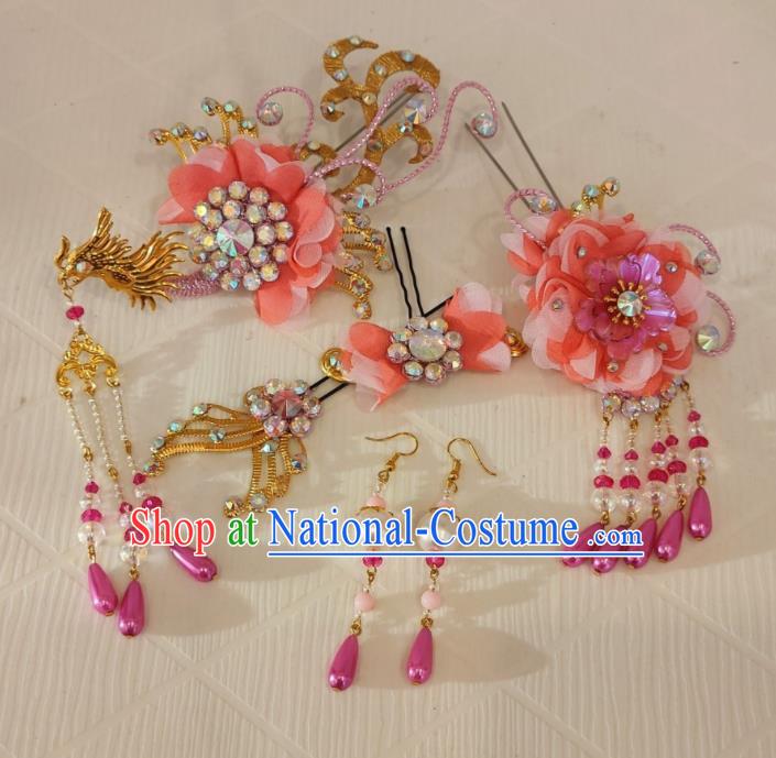 Chinese Beijing Opera Hua Tan Headdress Traditional Opera Diva Peach Pink Hair Accessories Shaoxing Opera Noble Lady Phoenix Hairpins