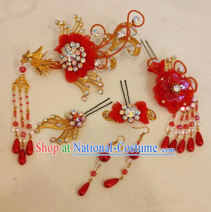 Chinese Shaoxing Opera Actress Phoenix Hairpins Beijing Opera Hua Tan Headdress Traditional Opera Princess Red Hair Accessories