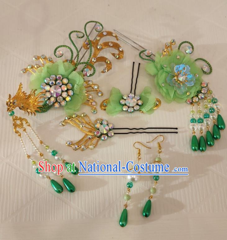 Chinese Traditional Opera Princess Green Hair Accessories Shaoxing Opera Actress Phoenix Hairpins Beijing Opera Hua Tan Headdress