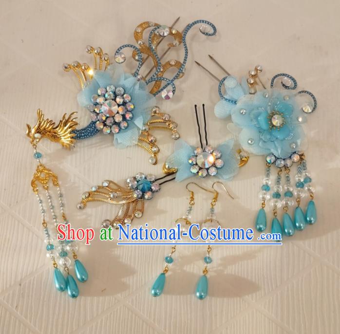 Chinese Beijing Opera Hua Tan Headdress Traditional Opera Princess Light Blue Hair Accessories Shaoxing Opera Actress Phoenix Hairpins