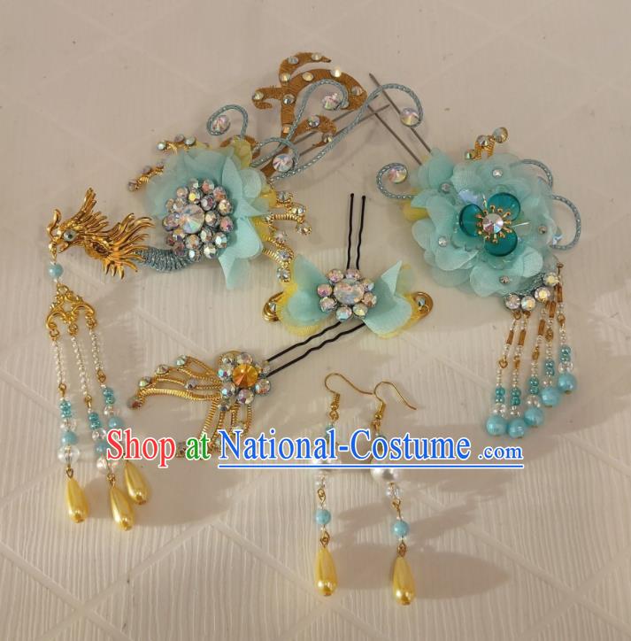 Chinese Shaoxing Opera Actress Phoenix Hairpins Beijing Opera Hua Tan Headpieces Traditional Opera Princess Aqua Hair Accessories