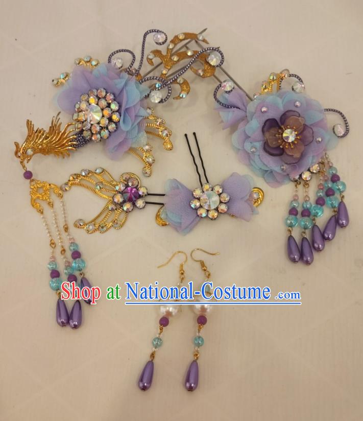 Chinese Traditional Opera Princess Violet Hair Accessories Shaoxing Opera Actress Phoenix Hairpins Beijing Opera Hua Tan Headpieces