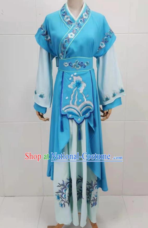 China Peking Opera Actress Costume Ancient Palace Maid Clothing Shaoxing Opera Young Lady Blue Dress