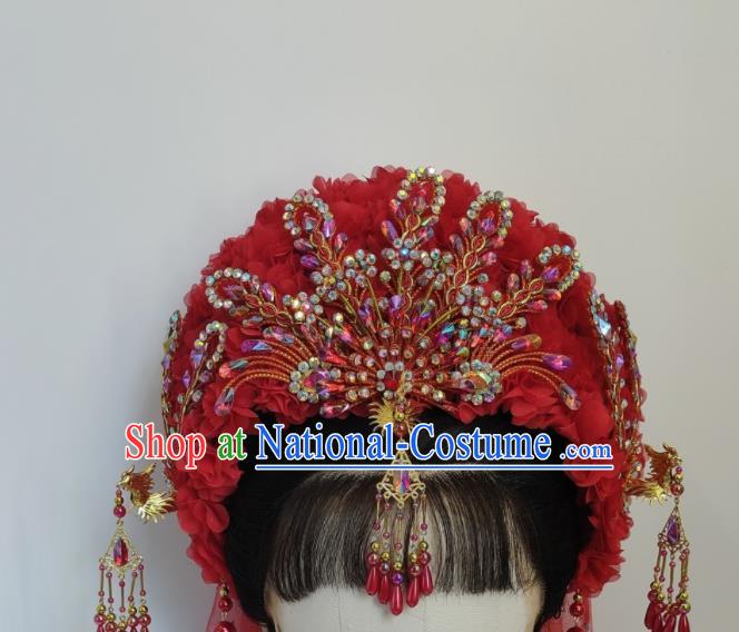 Chinese Huangmei Opera Liu Lan Zhi Headdress Beijing Opera Hua Tan Red Hair Crown Traditional Opera Bride Hair Accessories