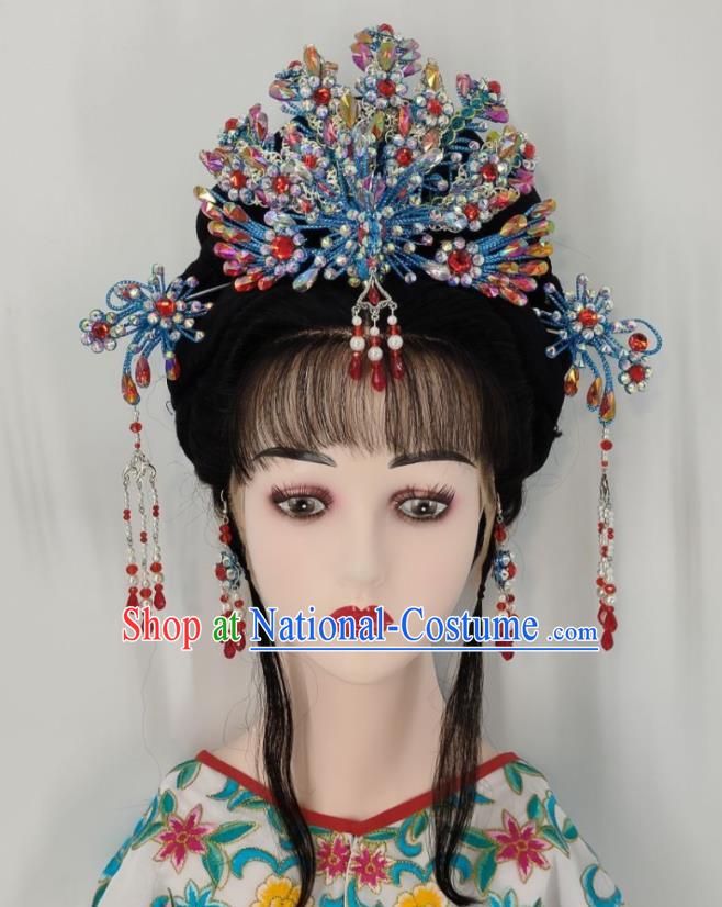 Chinese Beijing Opera Hua Tan Blue Phoenix Crown Traditional Opera Princess Hair Accessories Huangmei Opera Fairy Headdress